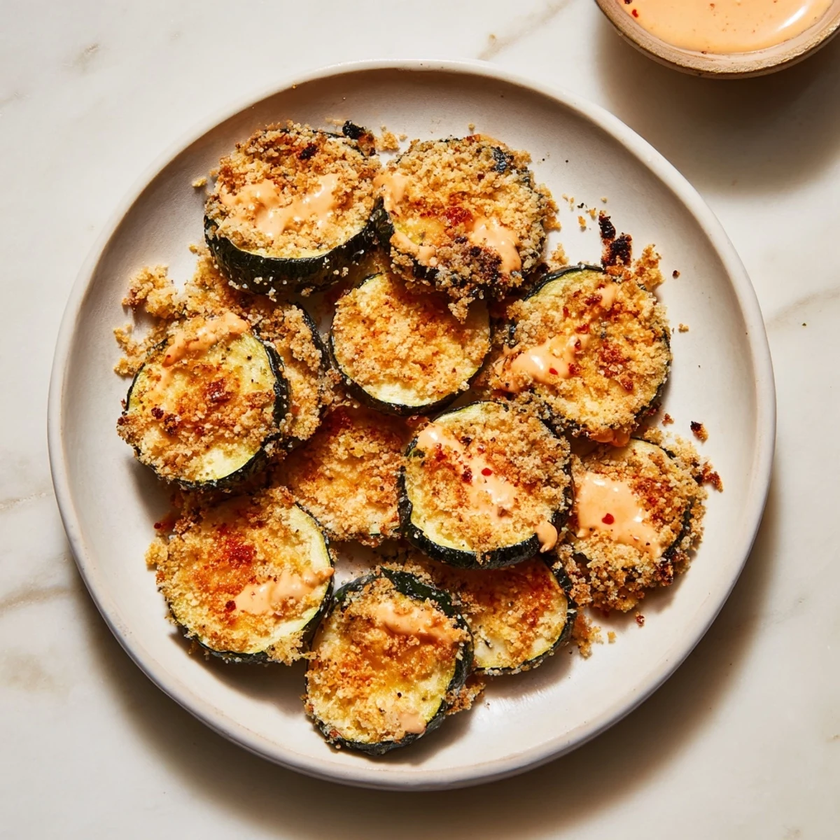 Golden, oven-baked Crispy Baked Zucchini Rounds sit with a creamy, spicy mayo, ready to eat.