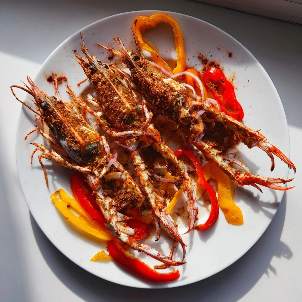Golden roasted sheet pan shrimp fajitas with colorful peppers and onions, ready to serve.