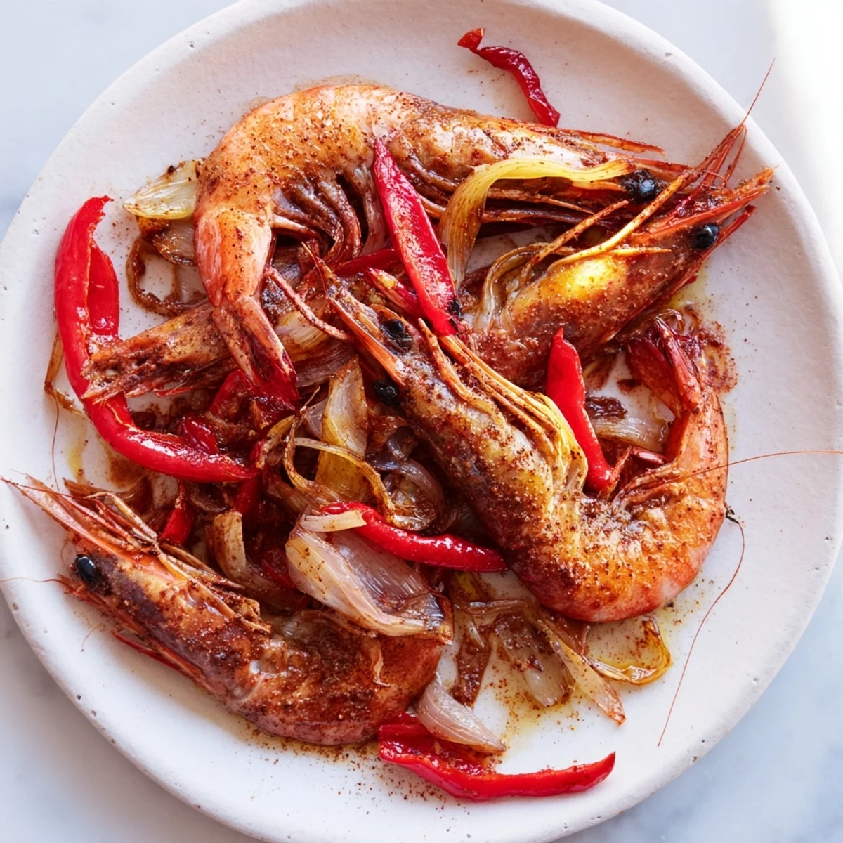 Zesty sheet pan shrimp fajitas: tender shrimp and bell peppers sizzling on a baking sheet.