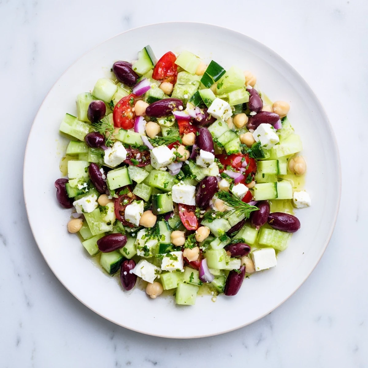 Fresh Mediterranean Salad overflowing with colorful vegetables, chickpeas, and briny olives, ready to enjoy.