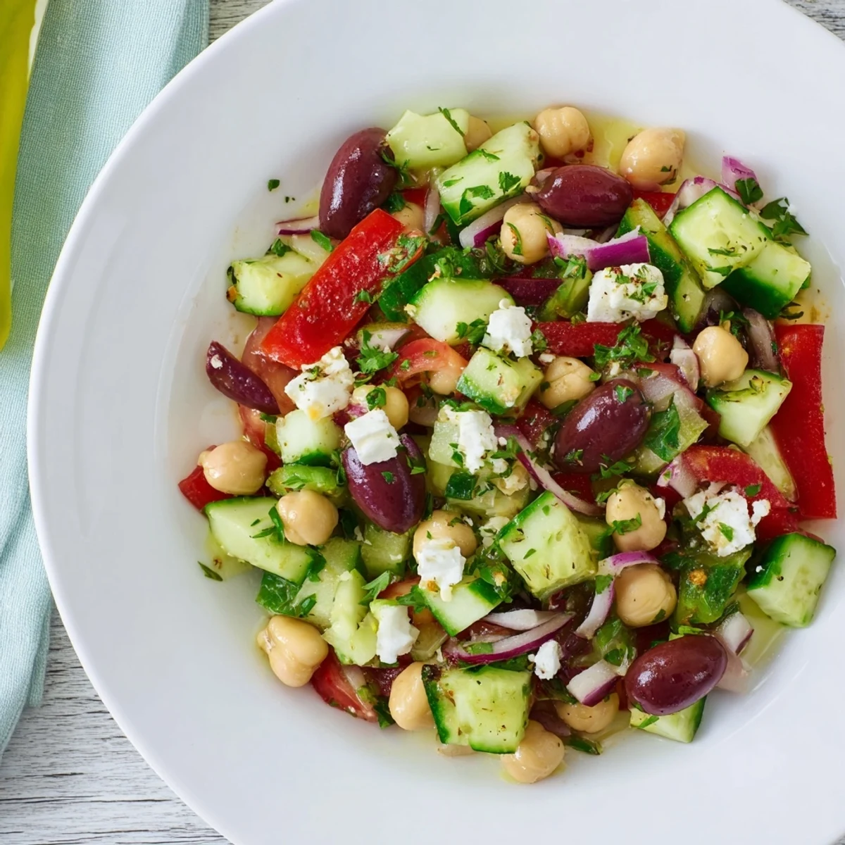 Brightly lit image of a Fresh Mediterranean Salad; crisp veggies topped with crumbled feta, ready to serve.