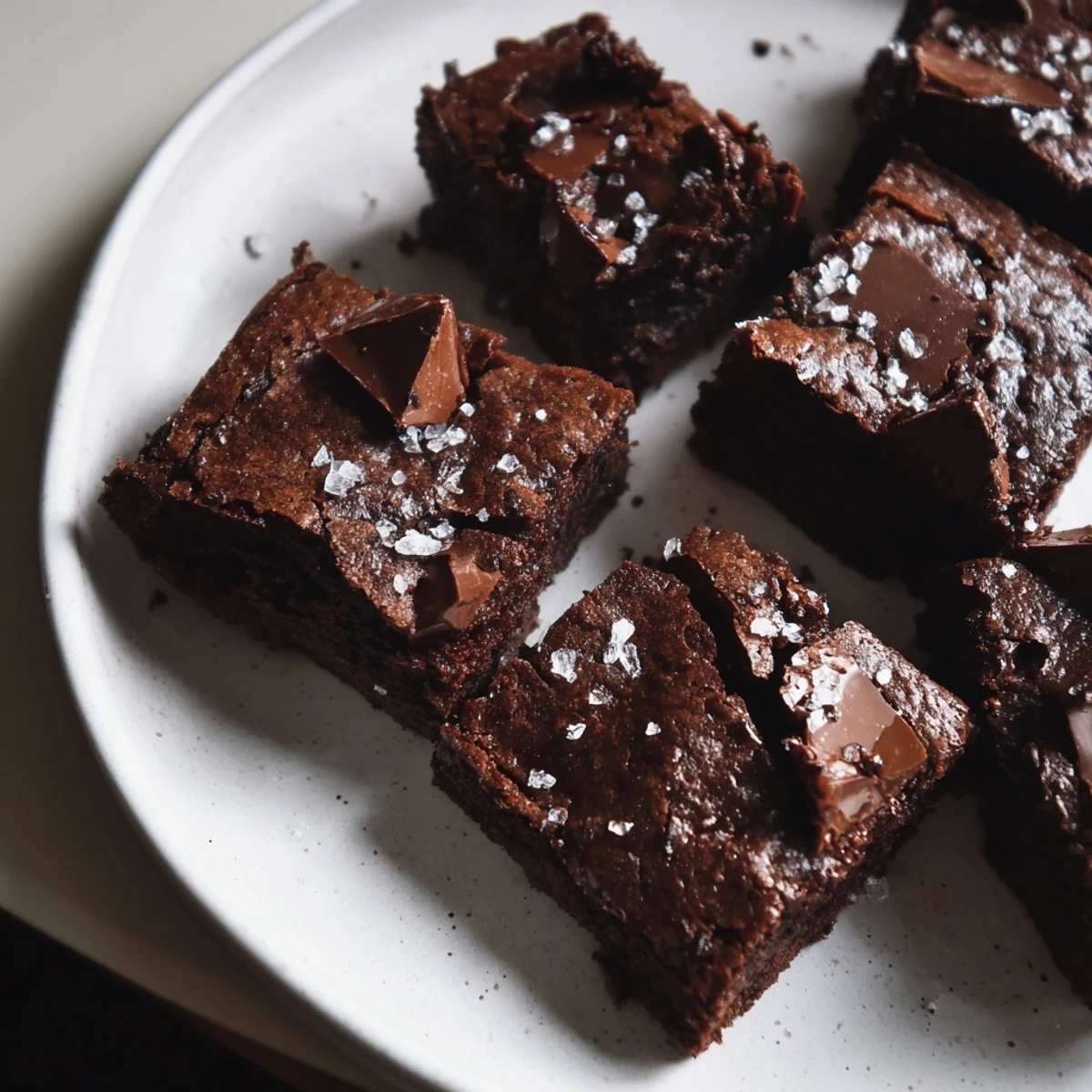 Perfectly square pieces of dark chocolate and sea salt brownies; a rich, decadent treat.