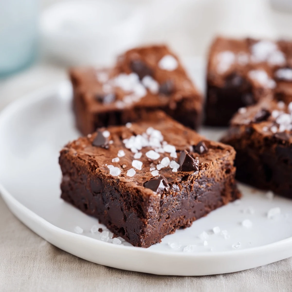 Close-up of freshly baked dark chocolate and sea salt brownies with inviting, sweet aroma.