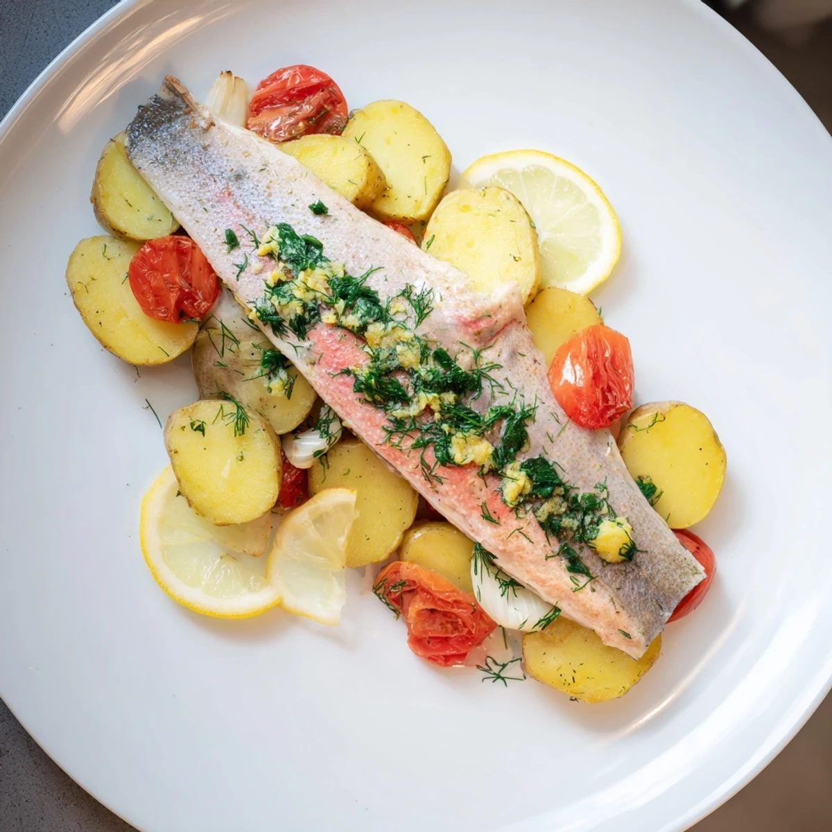 Golden-brown One-Tray Baked Trout, glistening with herbs and served with roasted potatoes and tomatoes.