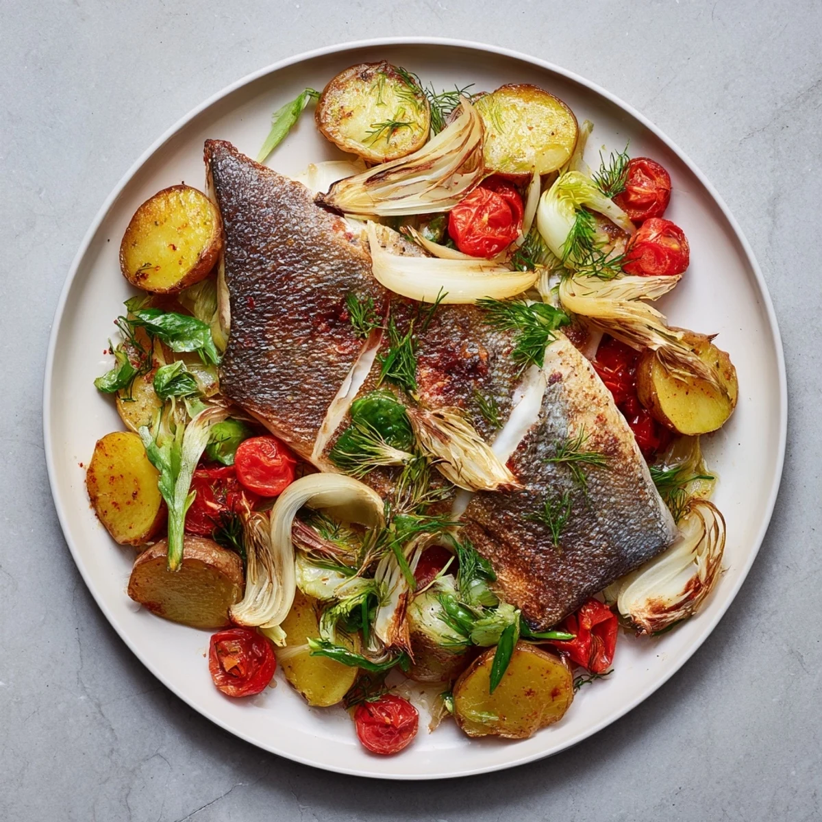 This image shows a complete One-Tray Baked Trout dish, fragrant and ready for a delicious pescatarian meal.