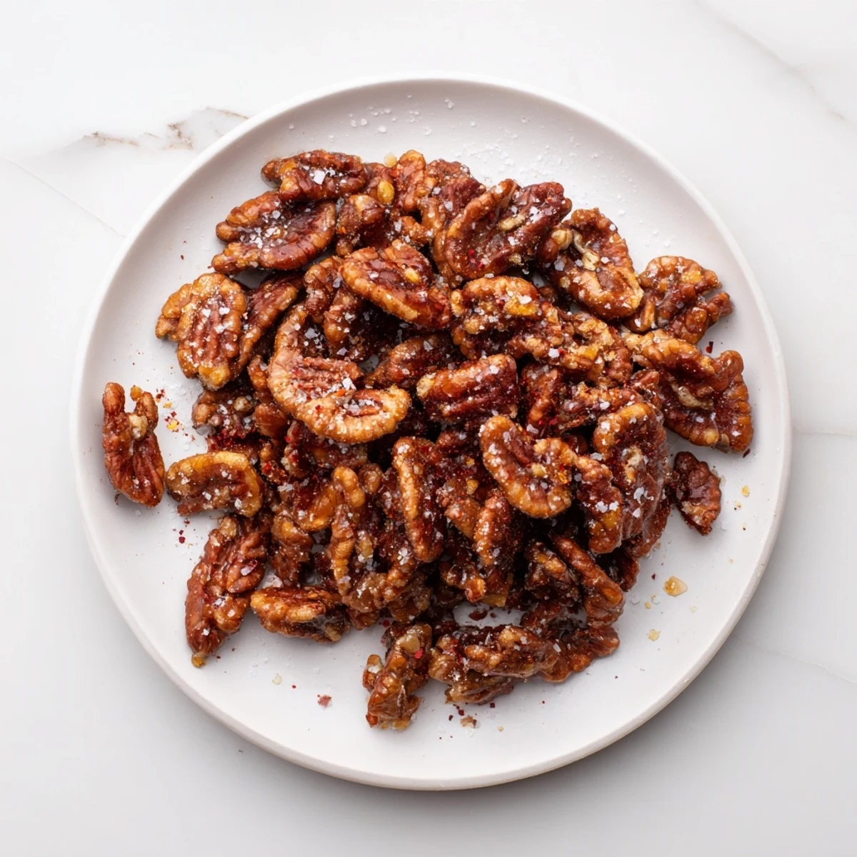 Golden Simple Garlic-Honey Roasted Pecans, glistening with a sweet glaze, fresh from the oven, ready to eat.