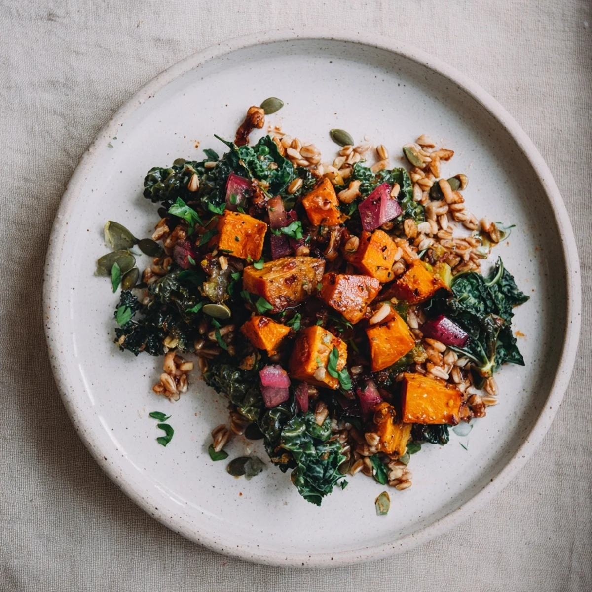 A warm Harvest Grain Bowl featuring sweet roasted pumpkin and hearty grains, colorful and delicious.