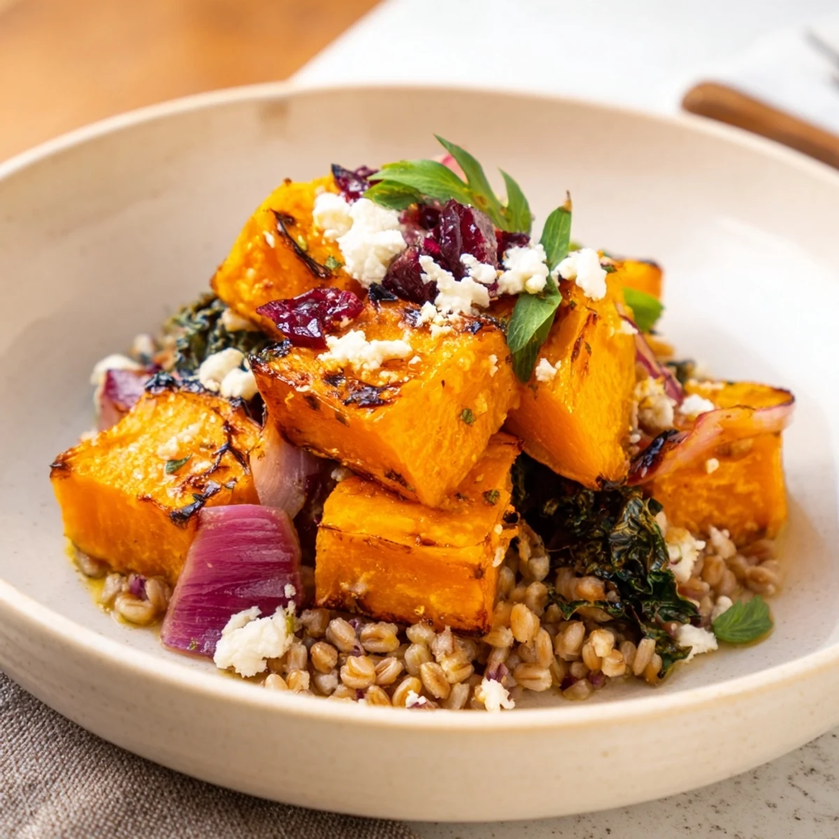 Close-up of a Harvest Grain Bowl with tender kale, pumpkin, and a tangy dressing, ready to enjoy.