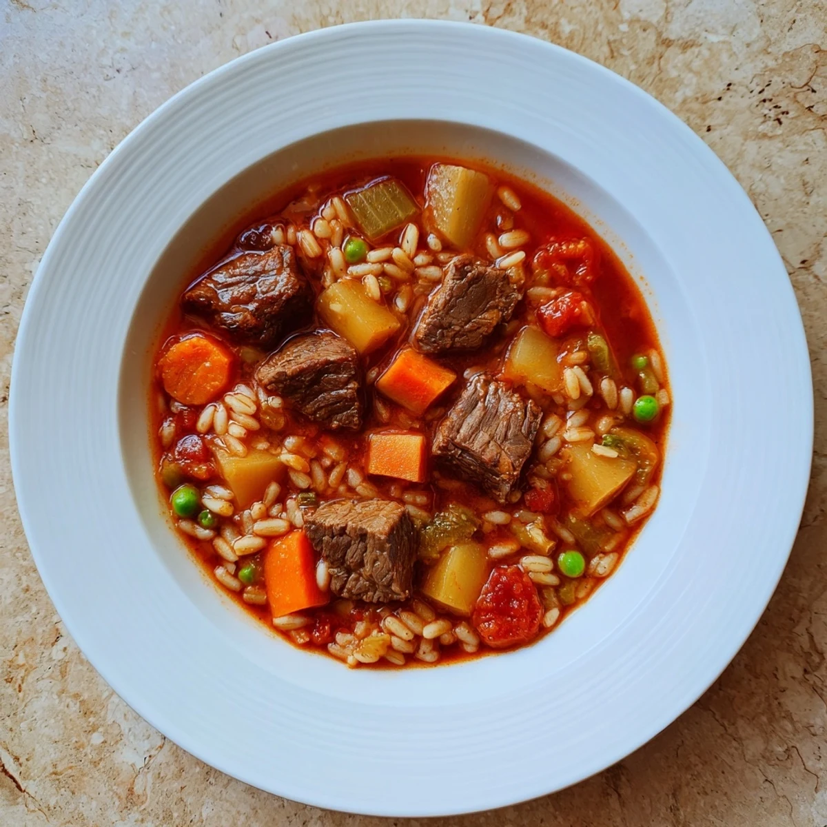 A close-up view of the rich, flavorful One-Pot Hearty Beef and Barley Soup ready to be served hot.
