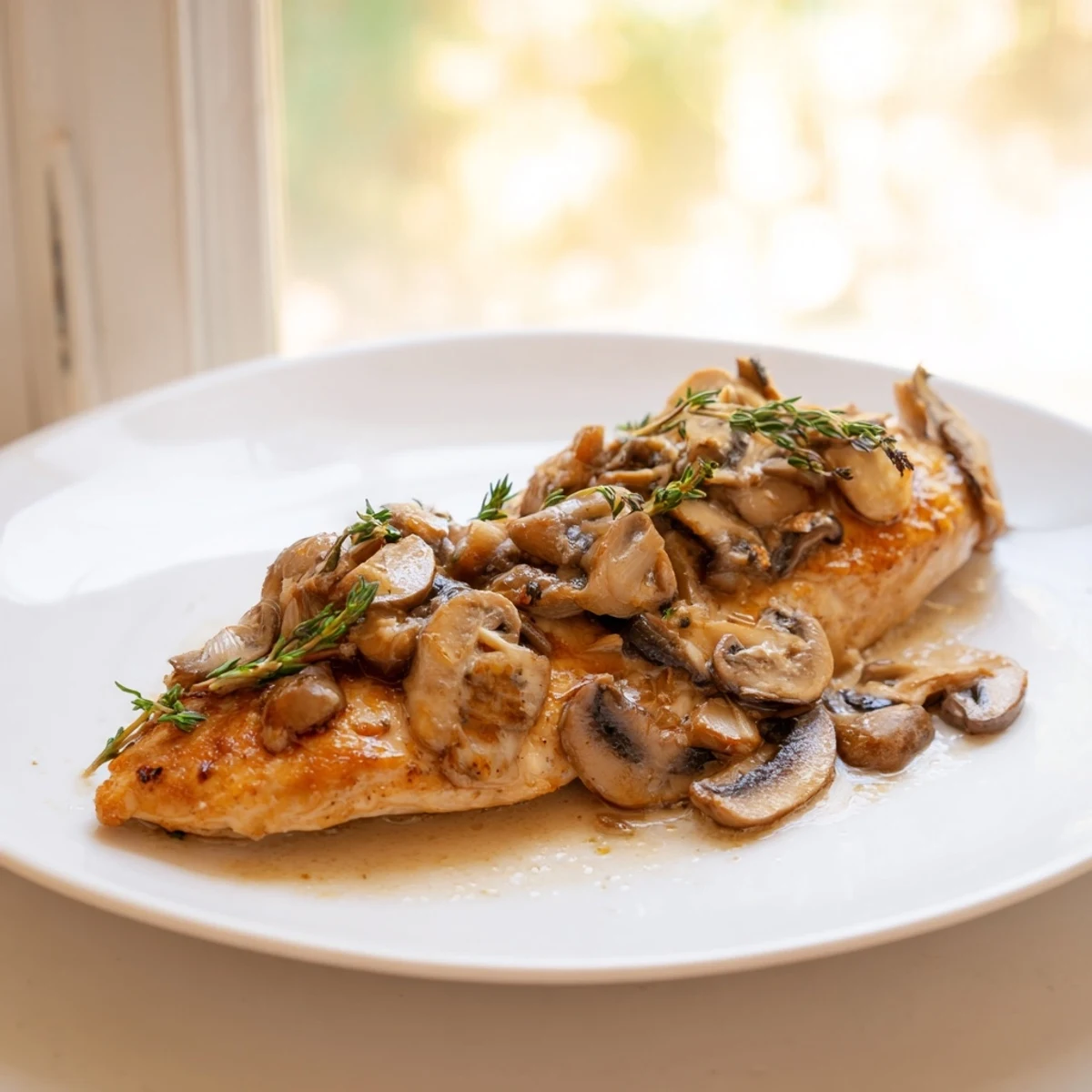 Tender skillet-seared chicken breast, beautifully plated, with a rich mushroom cream sauce, perfect for dinner.