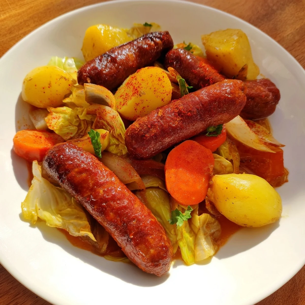Golden-brown All-in-One Pan Sausage and Cabbage Bake, with tender vegetables and savory sausage pieces.