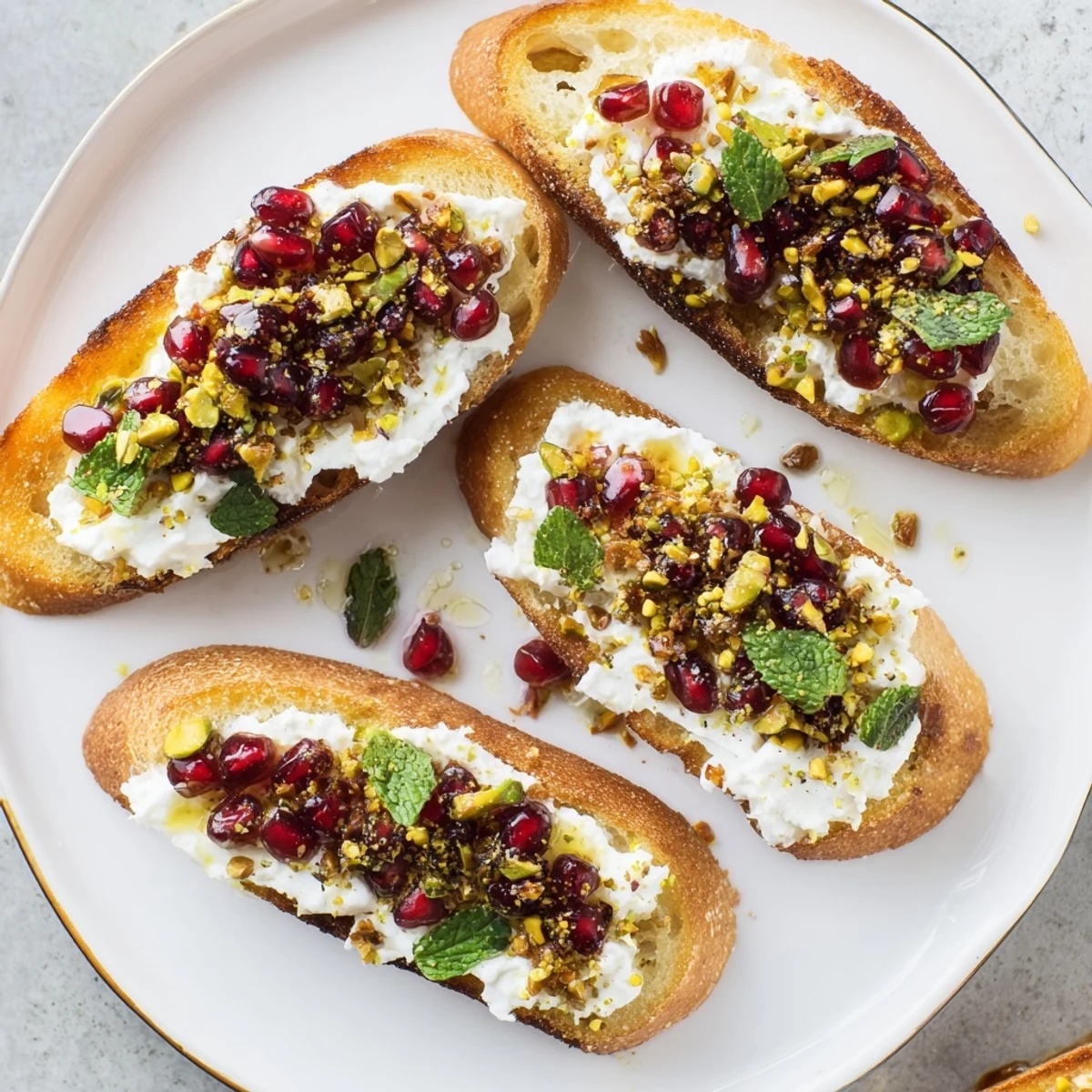 Golden Festive Pomegranate and Goat Cheese Crostini topped with vibrant pomegranate seeds and fresh mint.