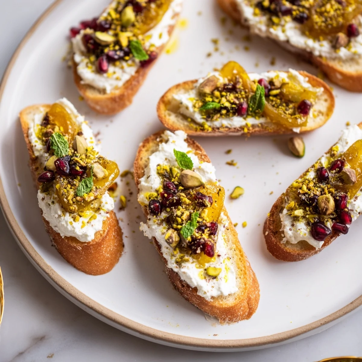 Toasted baguette slices topped with creamy goat cheese and sweet pomegranate, creating delicious crostini.