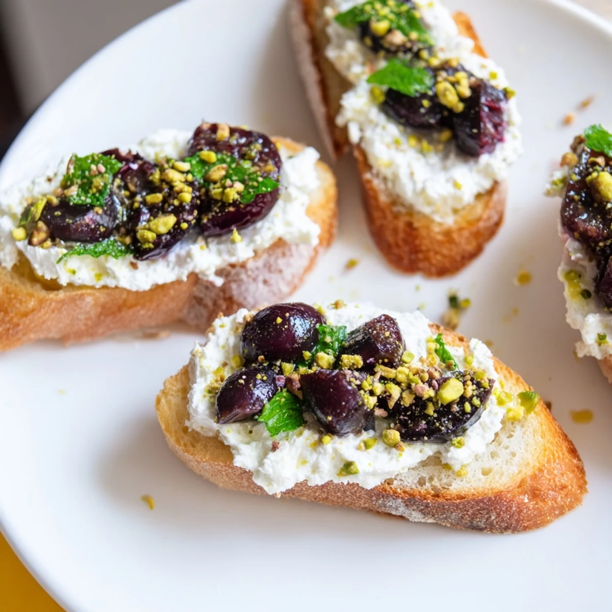 Delightful close-up showcasing Festive Pomegranate and Goat Cheese Crostini, perfect for holiday appetizers.