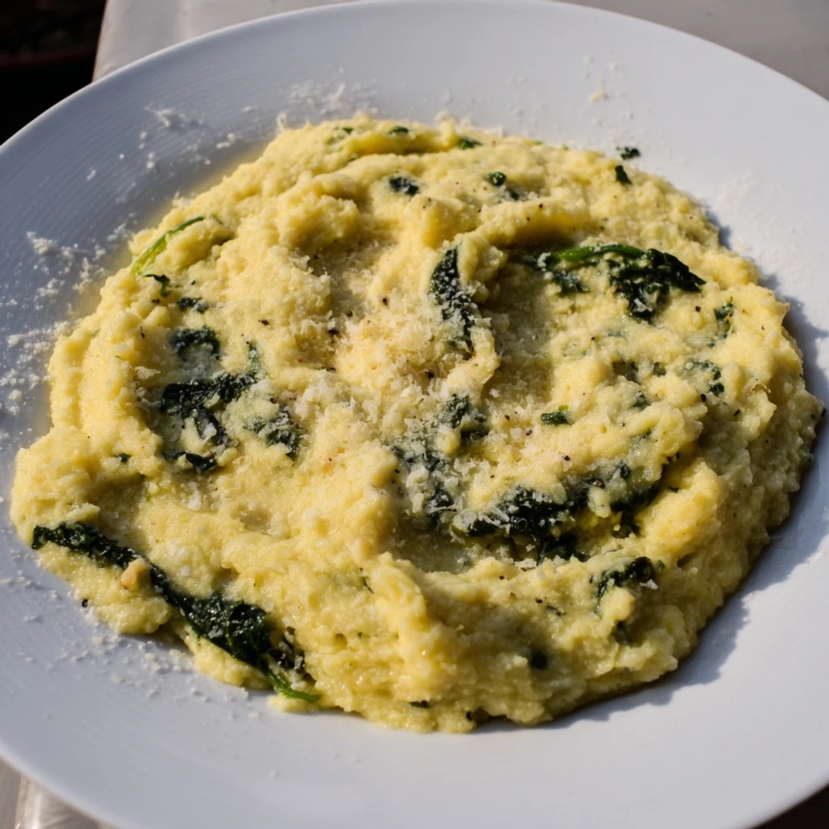 Fluffy, creamy spinach and Parmesan mashed potatoes topped with extra Parmesan; a perfect side.