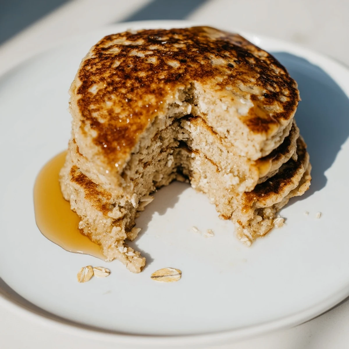 Golden-brown Banana Oat Pancakes stacked with fresh berries; a delightful, healthy breakfast option.