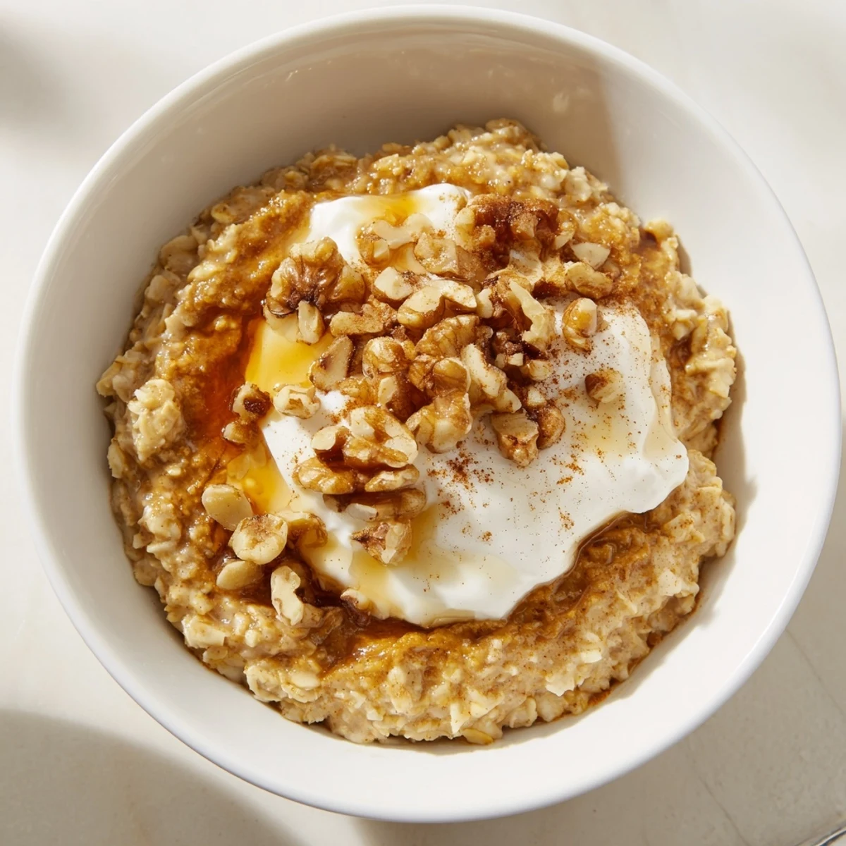 Steaming bowl of Pumpkin Spice Latte Oats, topped with whipped cream and cinnamon.