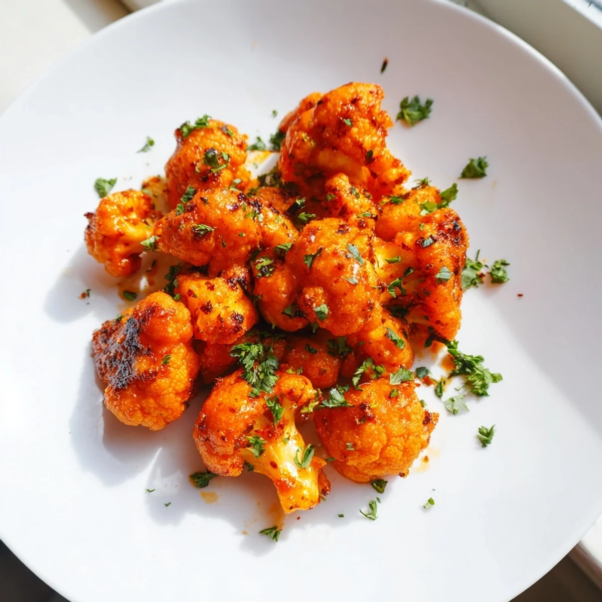 These vibrant-red Sriracha-Buffalo Cauliflower Bites smell deliciously of spicy buffalo sauce, served with fresh herbs.