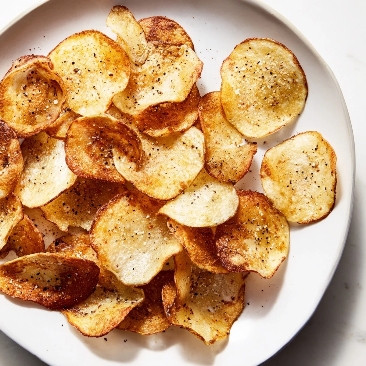 Golden, crispy homemade air-fryer potato chips, perfectly seasoned and ready for snacking, homemade from scratch.