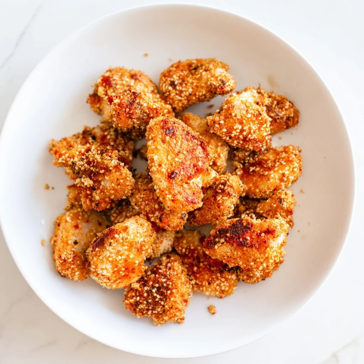 Golden, crispy Spicy Yogurt Chicken Bites ready to serve, perfect for dipping in a cool sauce.
