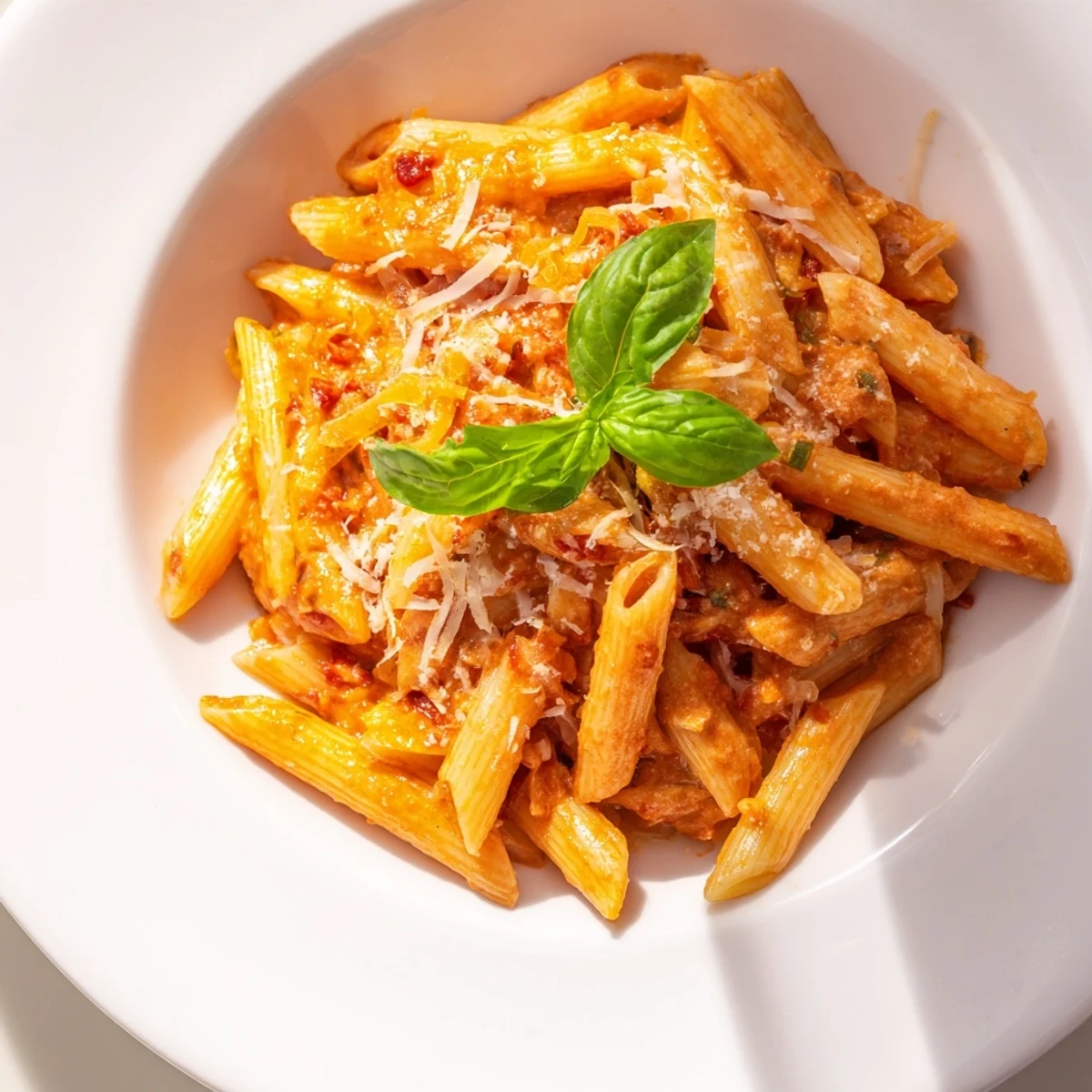 A one-pot creamy tomato pasta features steaming penne coated in a rich, creamy sauce.