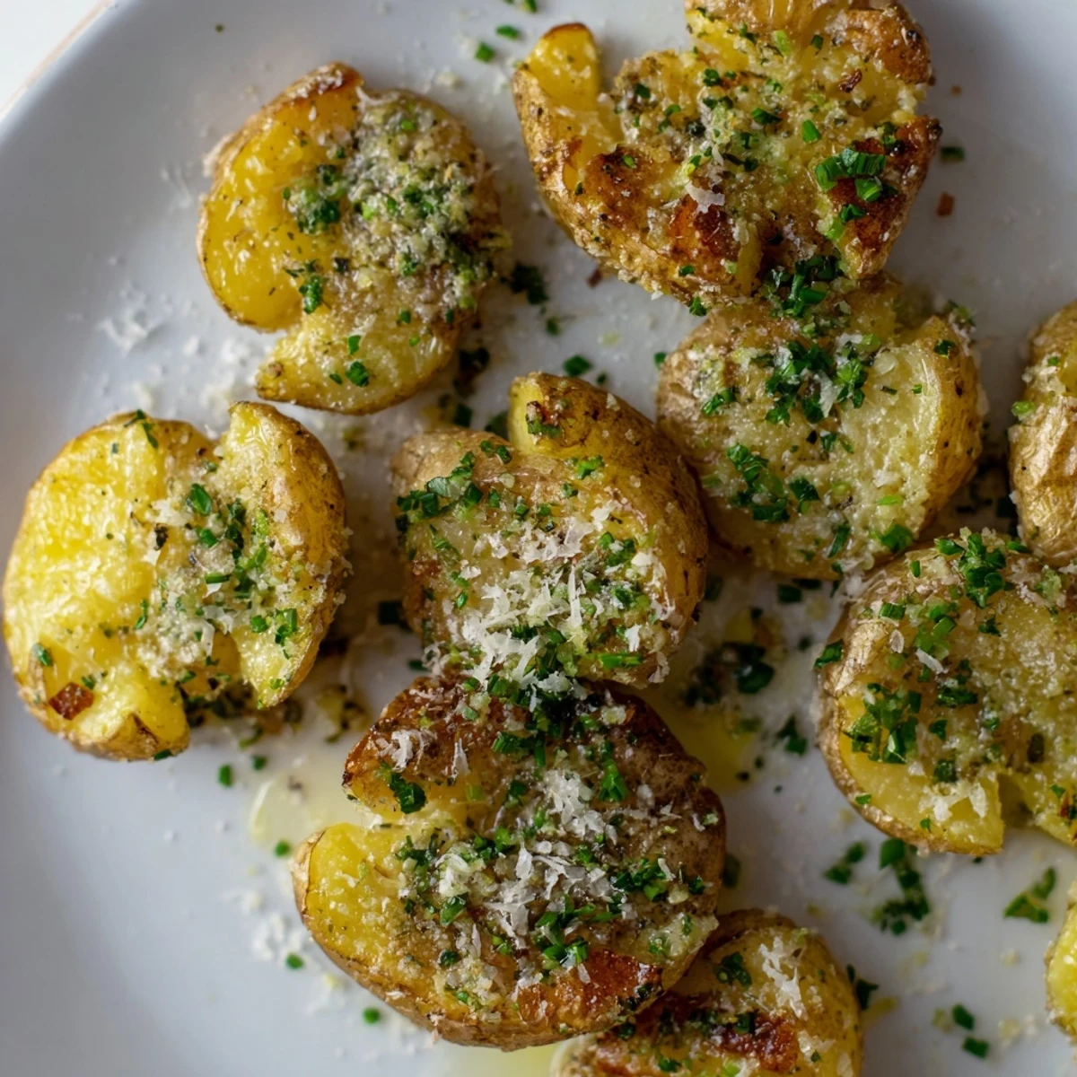 Golden brown Parmesan smashed potatoes with crispy edges, ready to enjoy as a side dish.