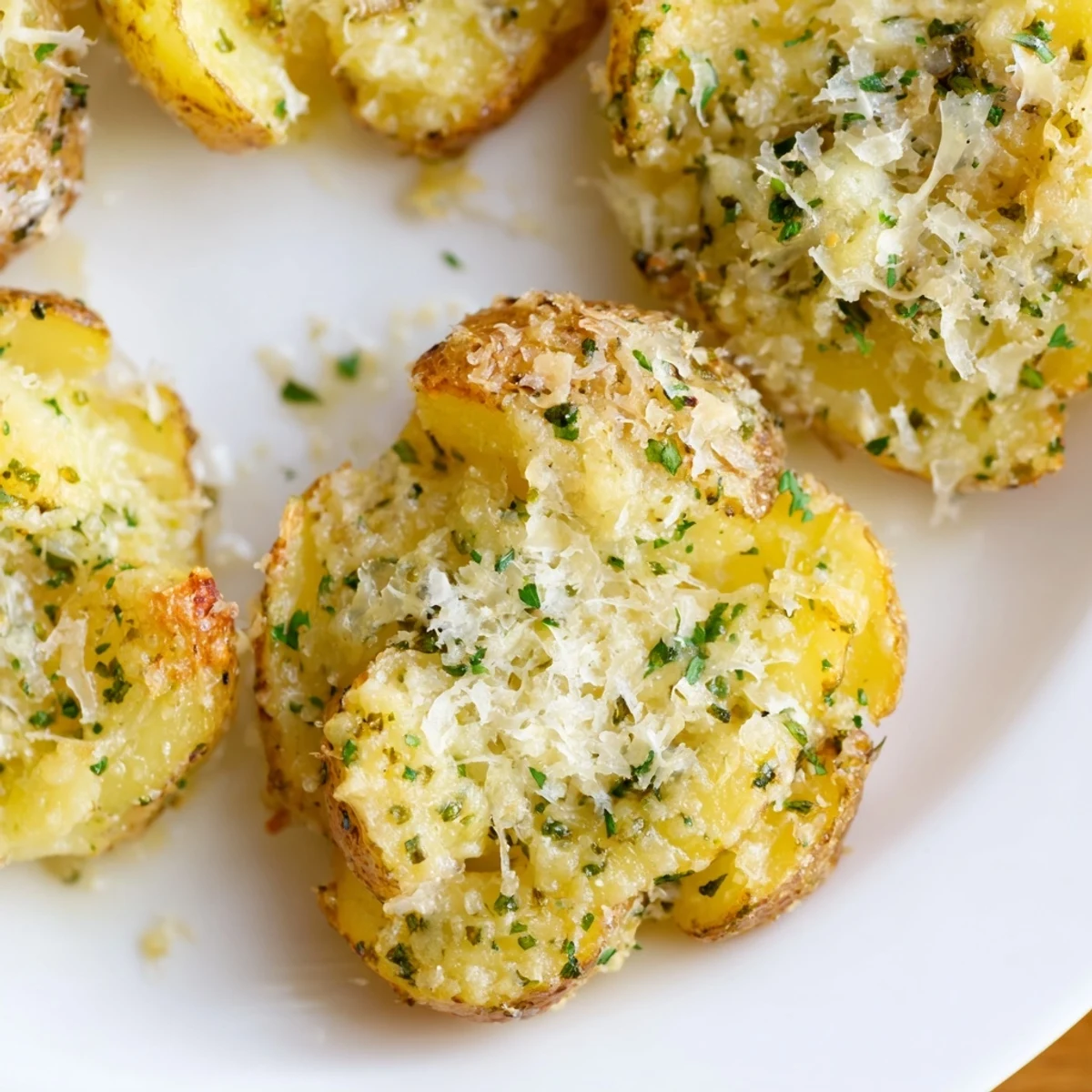 Close-up of crispy, garlicky Parmesan smashed potatoes sprinkled with fresh parsley and cheese.