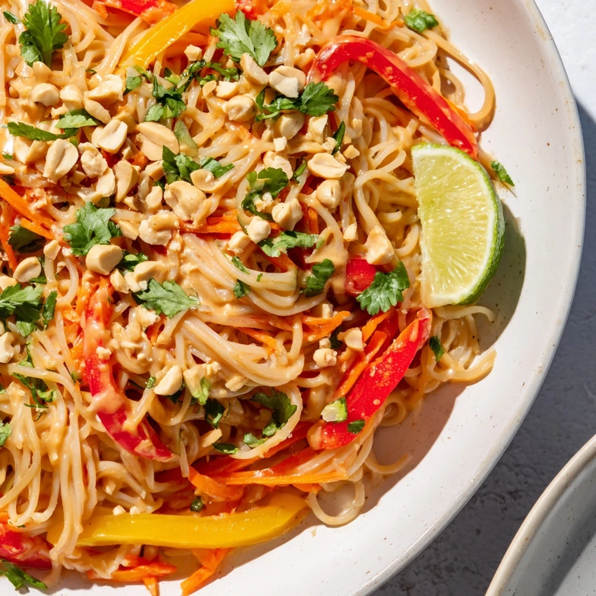 Steaming bowl of Spicy Peanut Noodles with vibrant vegetables and crunchy peanuts, ready to eat.