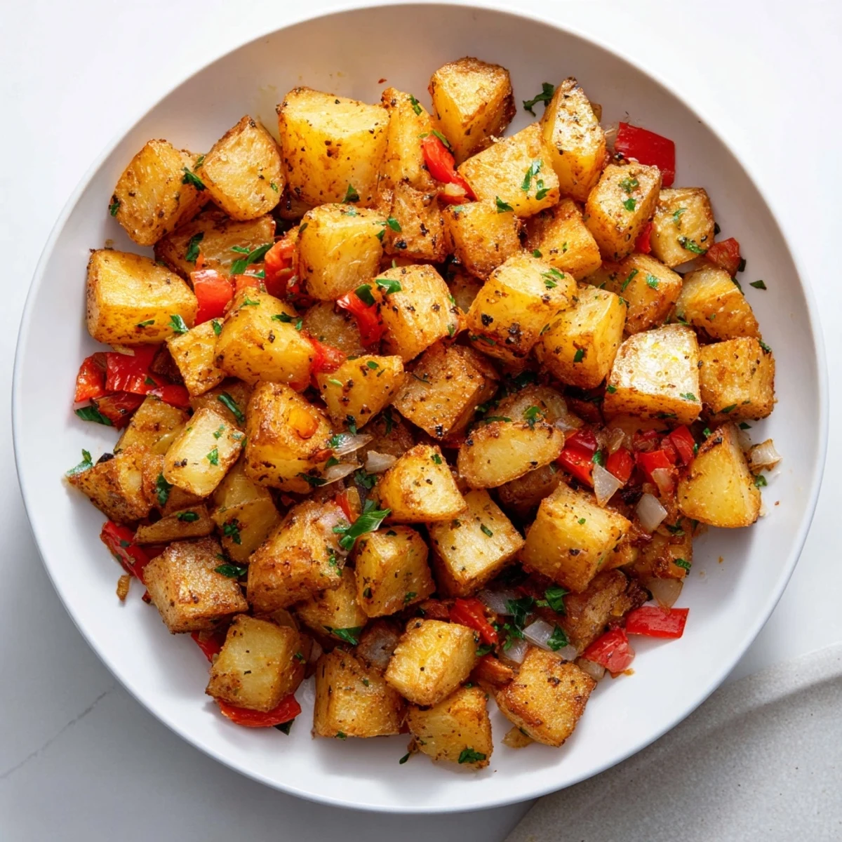 A close-up of air fryer breakfast potatoes, showing the perfectly browned edges and vibrant vegetables throughout.