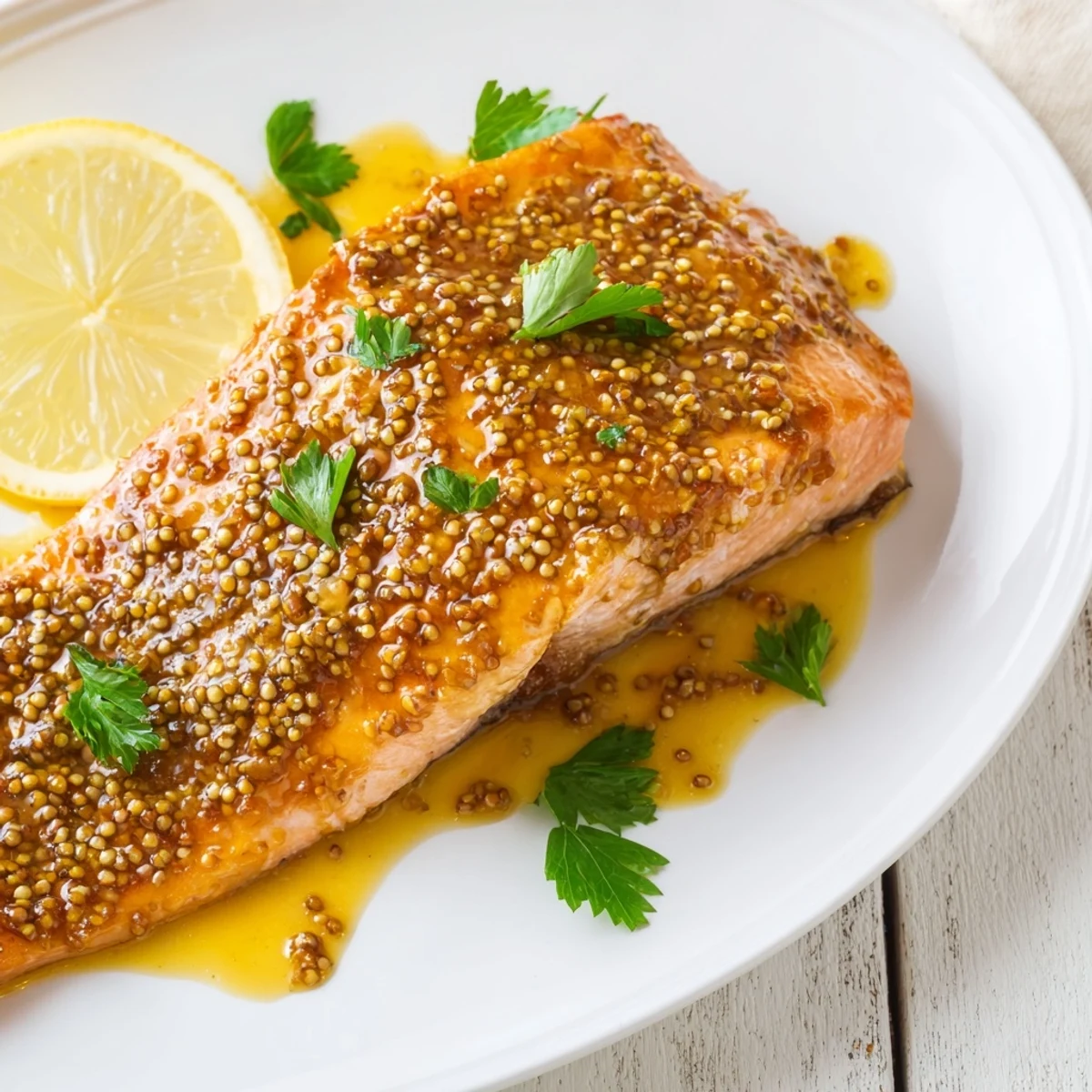 Golden, glazed honey mustard salmon baked to flaky perfection, ready to serve with lemon.