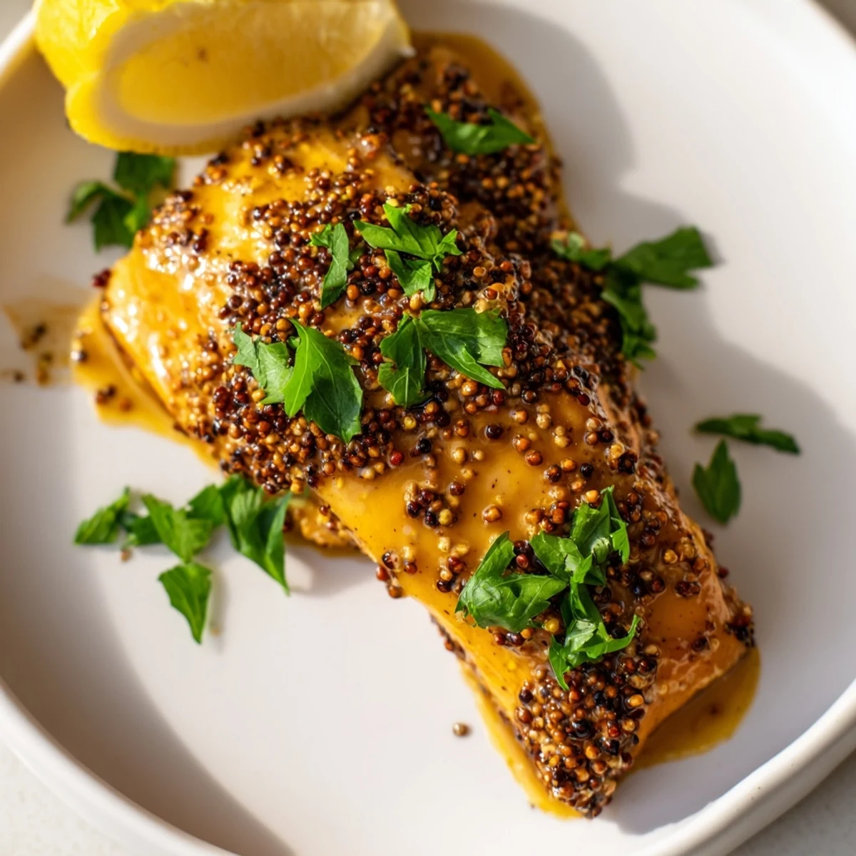 Delicious honey mustard salmon with parsley garnish, perfect for a flavorful and healthy dinner.