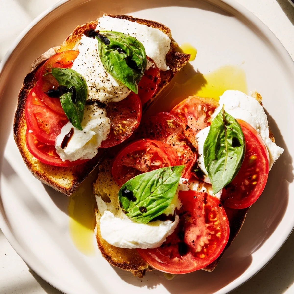Warm Tomato Burrata Toast with creamy cheese, ripe tomatoes, and fresh basil, ready to enjoy.