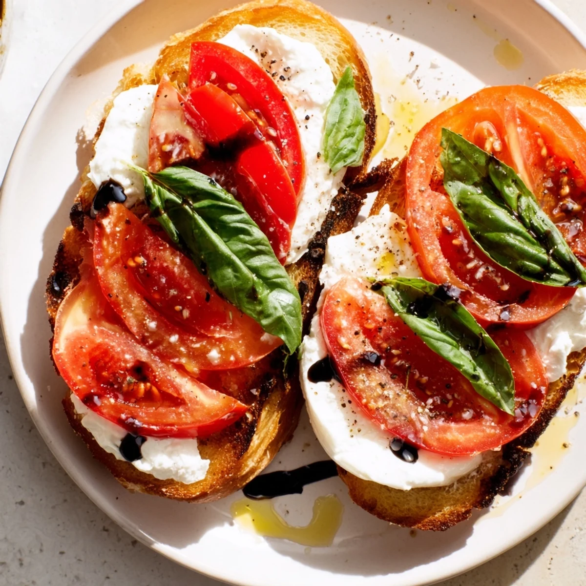Crispy sourdough base topped with Tomato Burrata Toast, oozing cheese and juicy tomato slices.