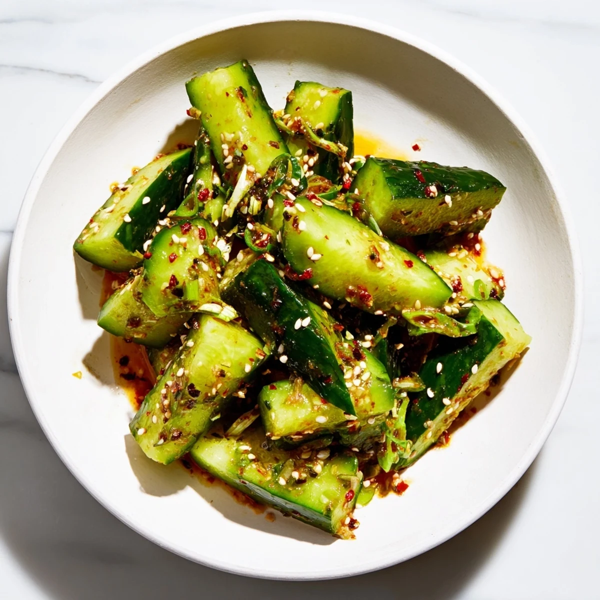 Fresh, crunchy Chinese Spicy Smashed Cucumber Salad, tossed in a vibrant, savory sauce, ready to serve.