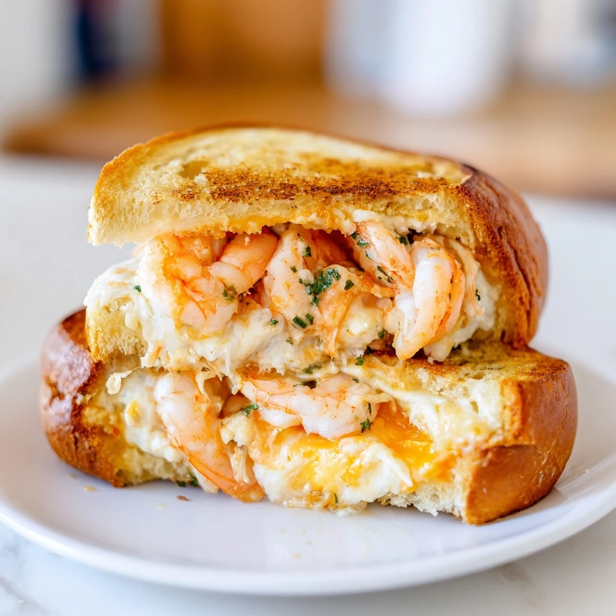 Quick Shrimp Grilled Cheese featuring melted cheese and juicy shrimp, ready to be sliced, offering a perfect bite.