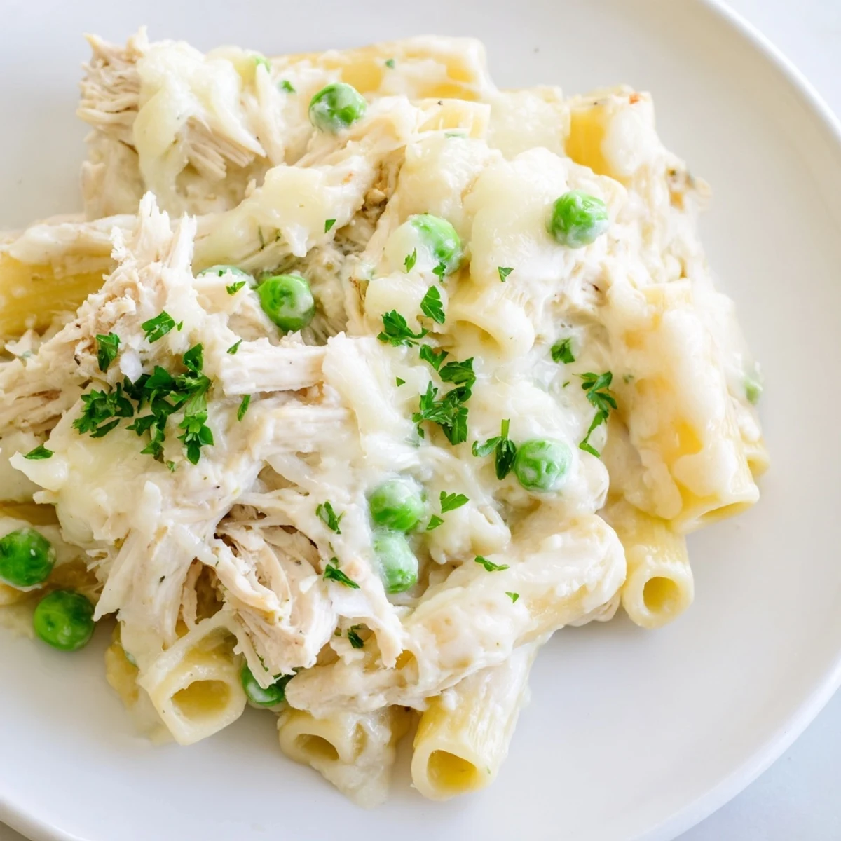 A close-up of a bubbling Slow Cooker Chicken Alfredo Pasta Bake, highlighting creamy sauce and fresh parsley garnish.