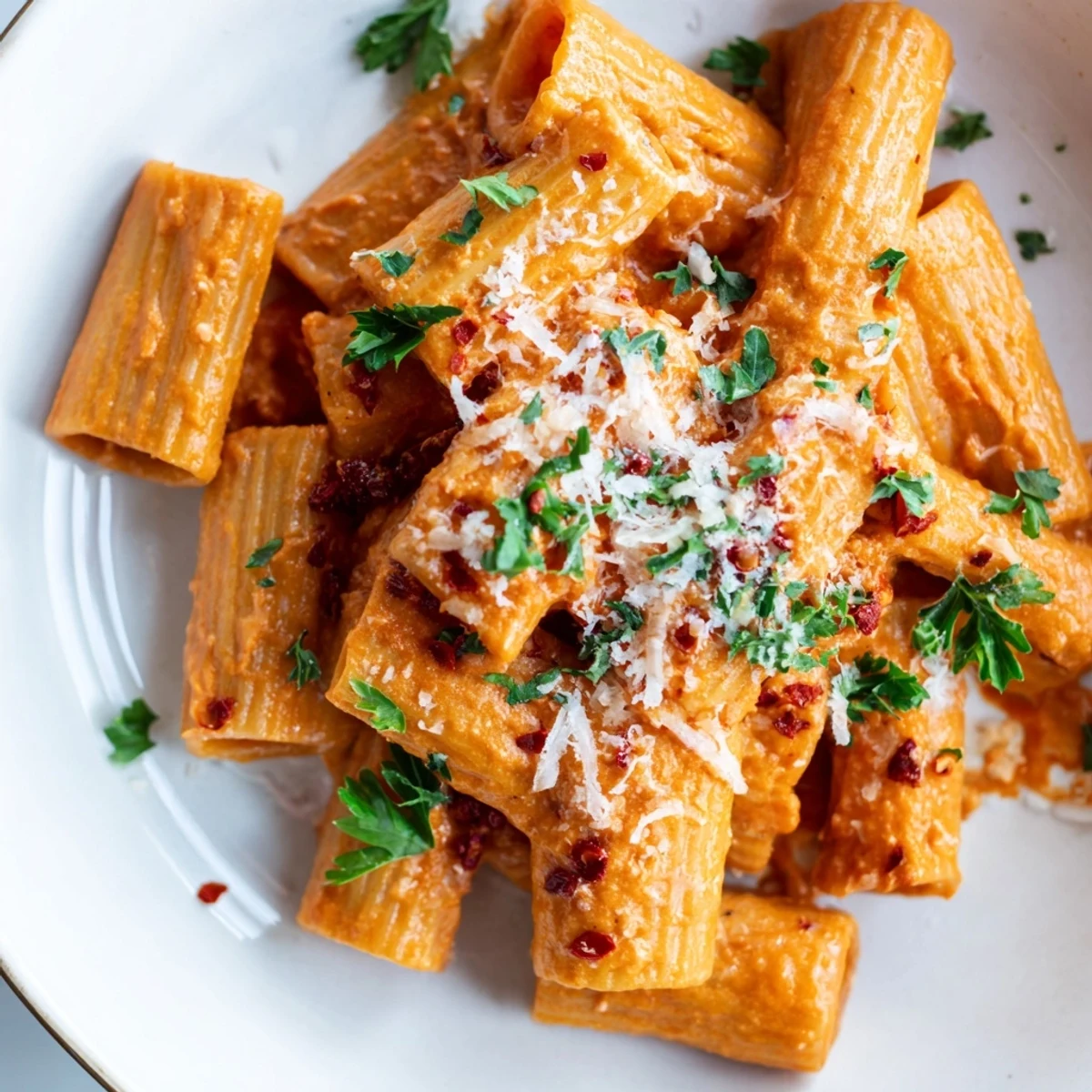 Gigi Hadid-Style Spicy Rigatoni in a rich tomato-vodka sauce, garnished with fresh, bright parsley and extra Parmesan.