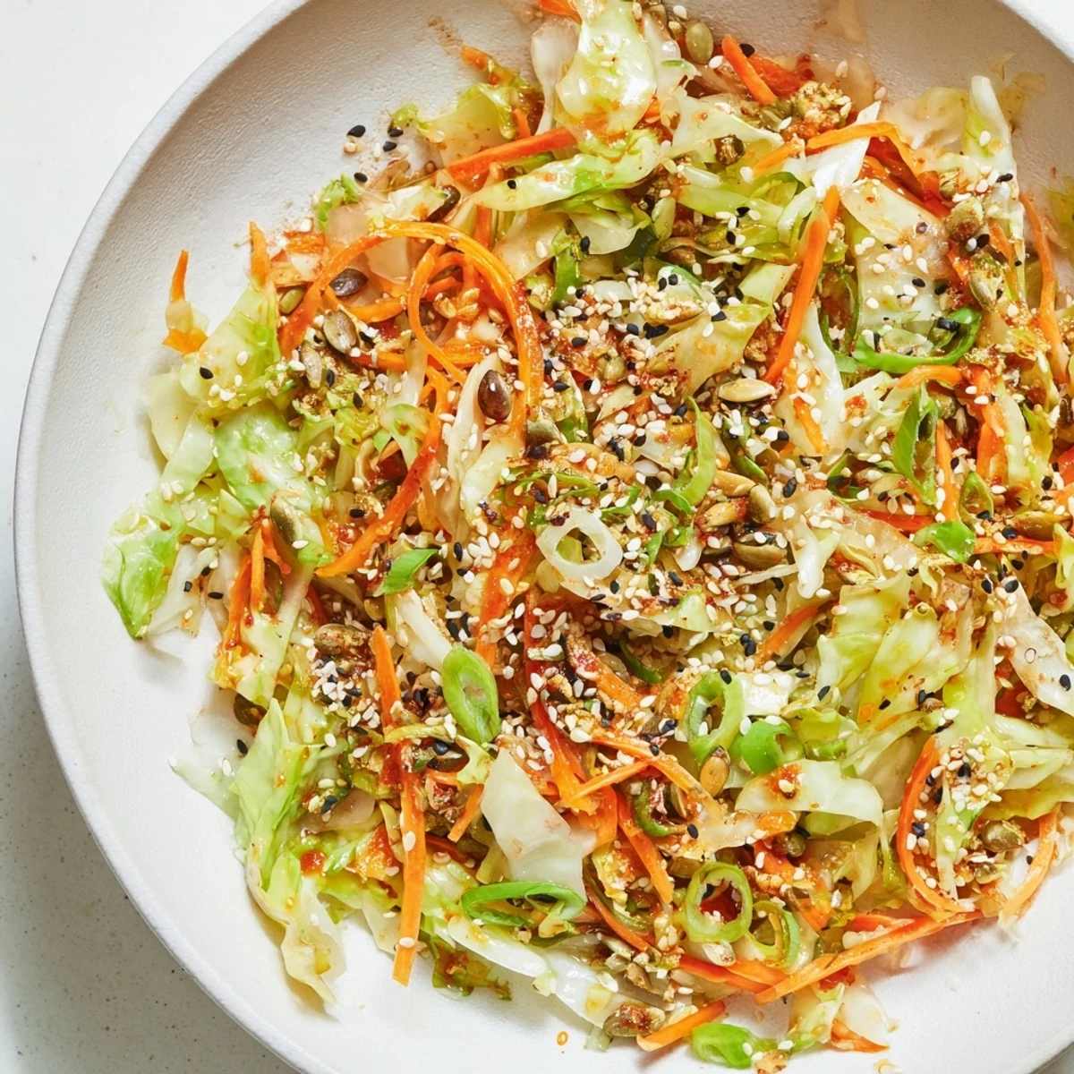 Close-up of freshly prepared Cabbage-Core Slaw Salad, featuring crunchy shredded veggies ready to serve.