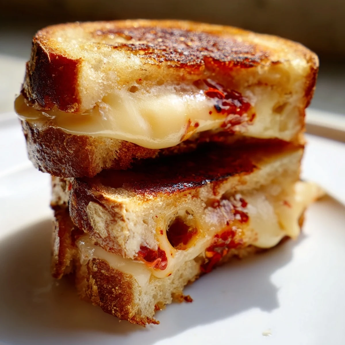 Golden, melted Brie and Chili Crisp Grilled Cheese, a gourmet treat ready to eat now.
