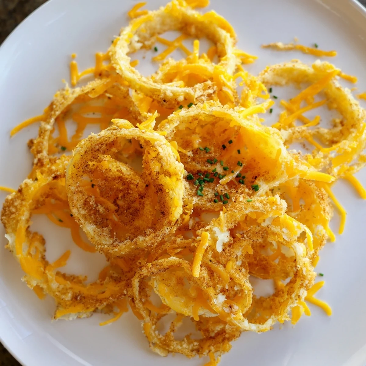 Air-fried to perfection, these Crispy Onion Cheese Chips present a delicious, low-carb appetizer.