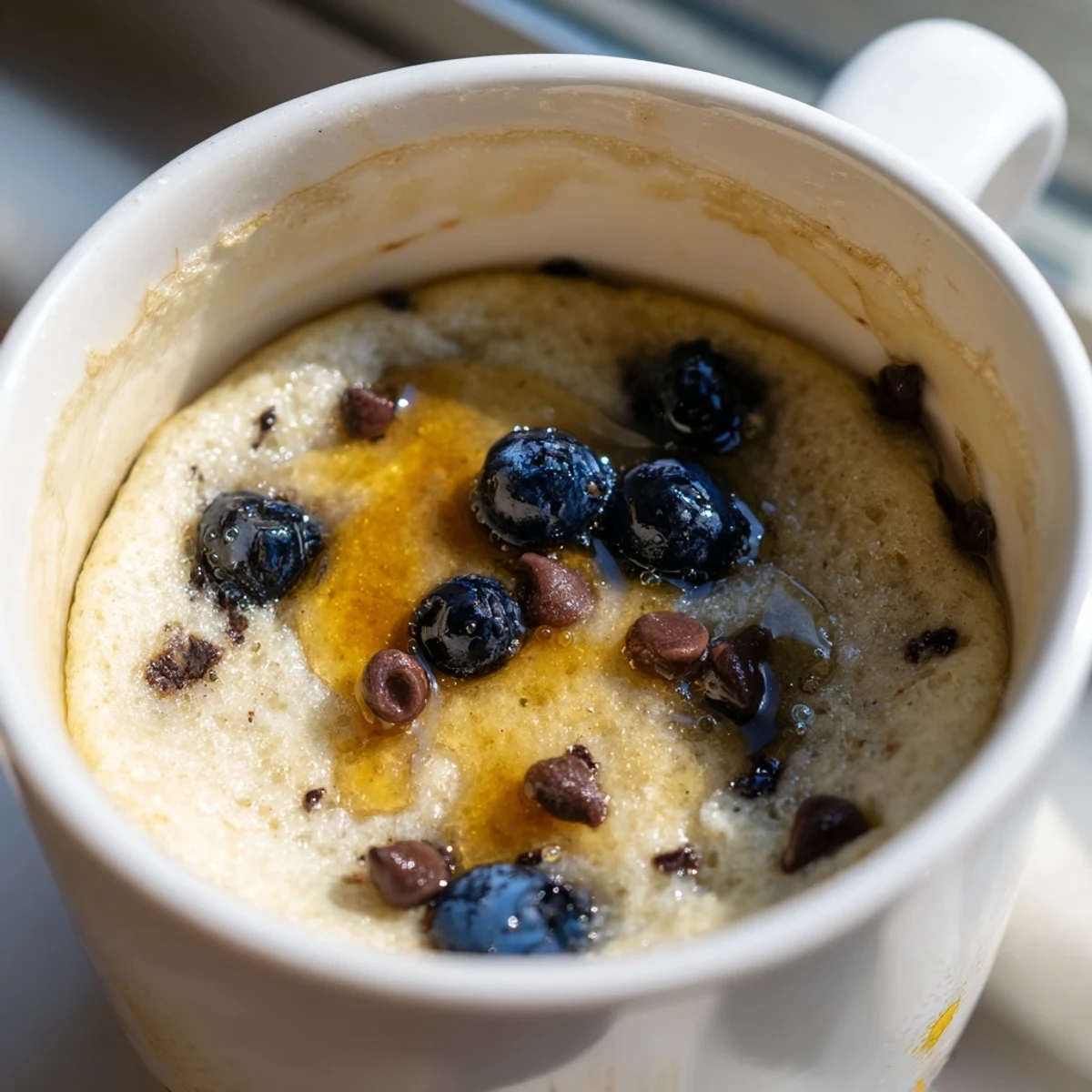 Steaming, golden-brown microwave mug pancakes, drizzled with maple syrup, a quick breakfast idea.