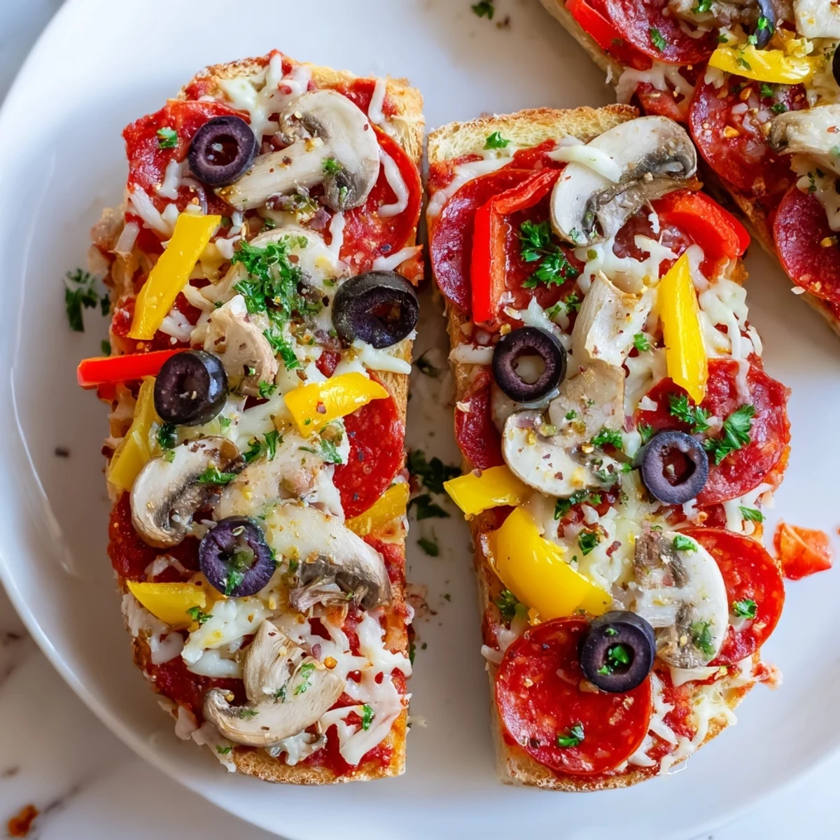 Air Fryer Pizza Toast: Golden, bubbly cheese melts atop crispy bread, perfect for a quick lunch.