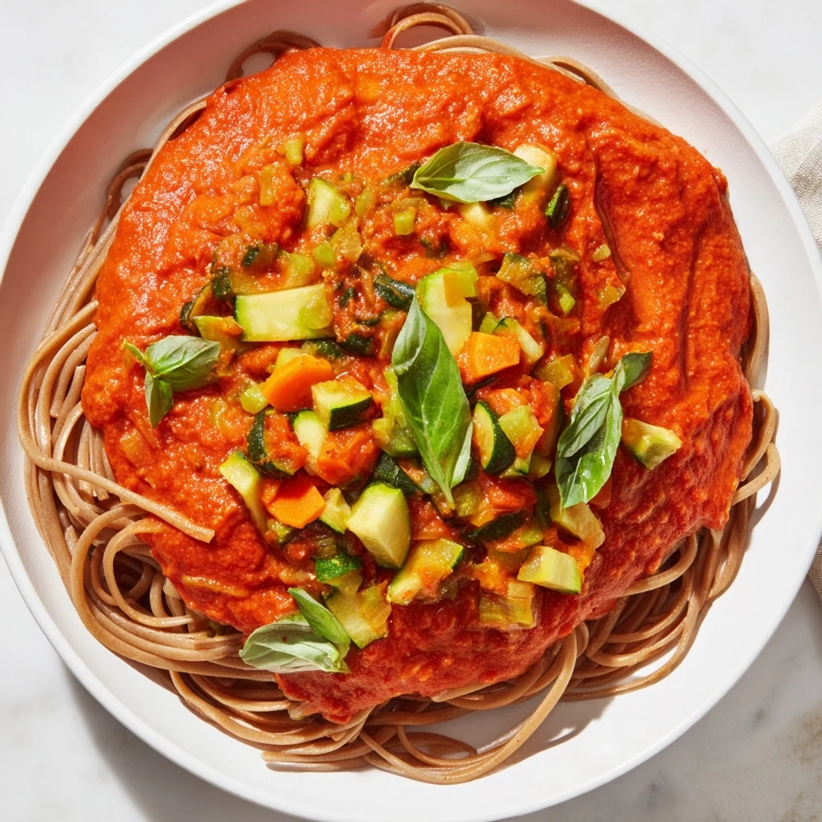 Vibrant Veggie-Loaded Tomato Pasta Sauce, thick and smooth, ready to be poured over pasta.