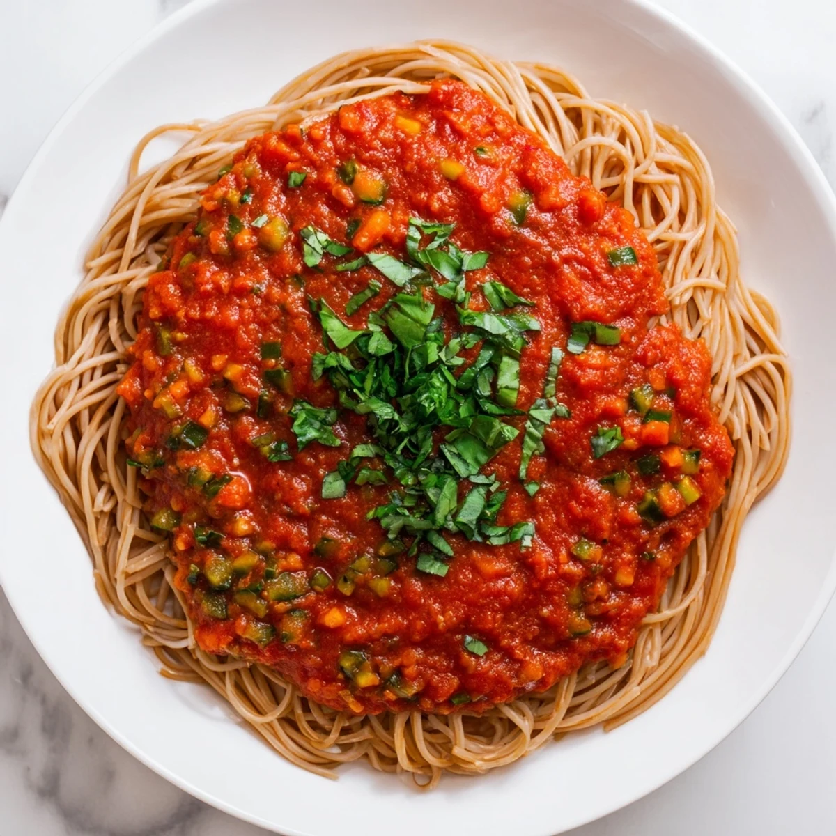 Rich, homemade Veggie-Loaded Tomato Pasta Sauce simmering gently, perfect for family meals tonight.