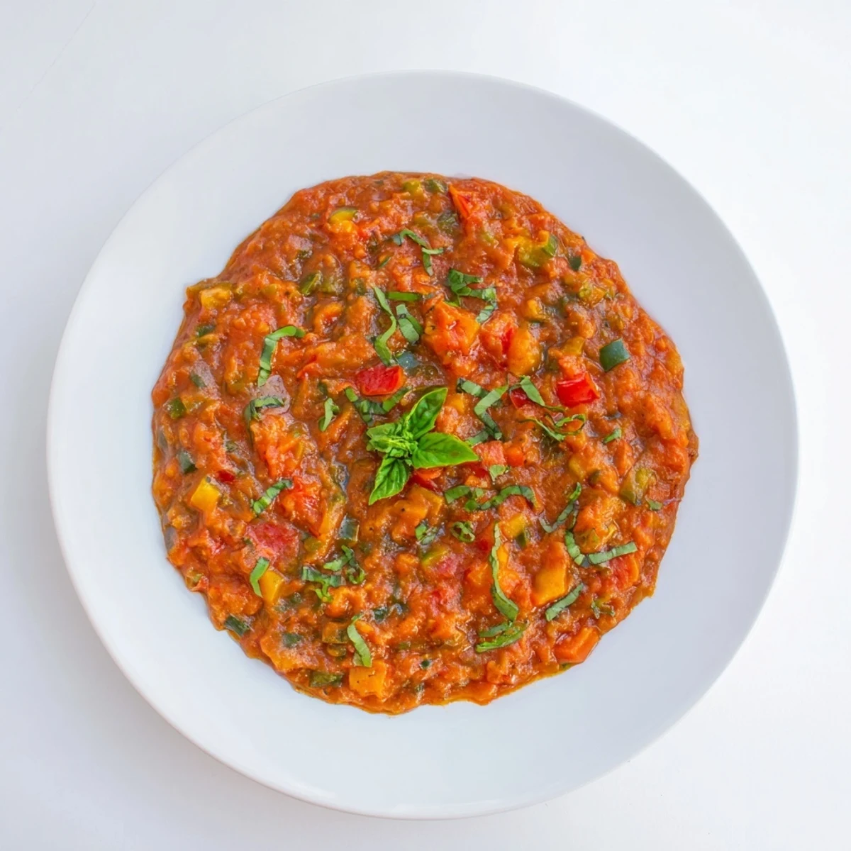 A steaming bowl of Veggie-Loaded Tomato Pasta Sauce with fresh basil garnish, ready for dinner.