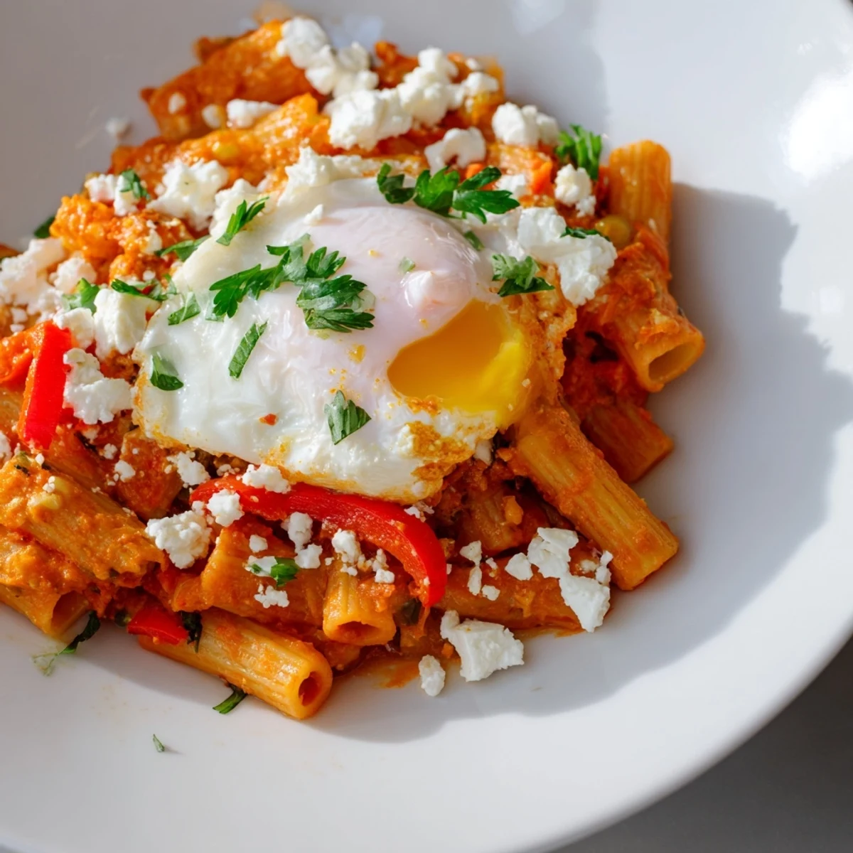 Shakshuka Baked Pasta with runny yolks, bubbly cheese, and a vibrant, spiced tomato sauce.