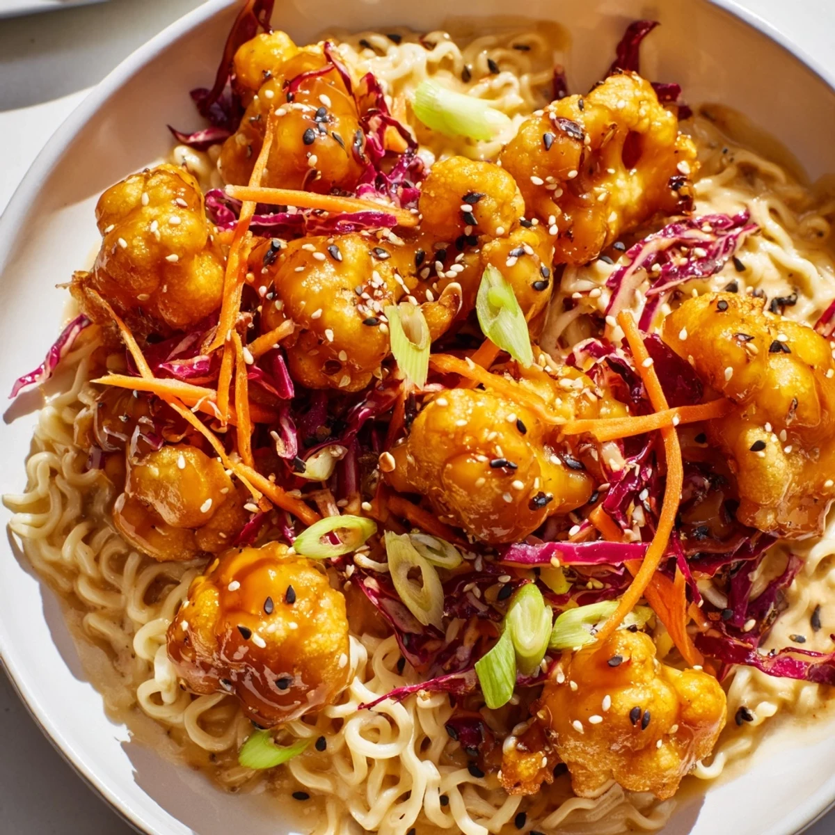 Steaming bowls of Chaos Cooking Buffalo Cauliflower Ramen, a vibrant fusion of spicy flavors with toppings.