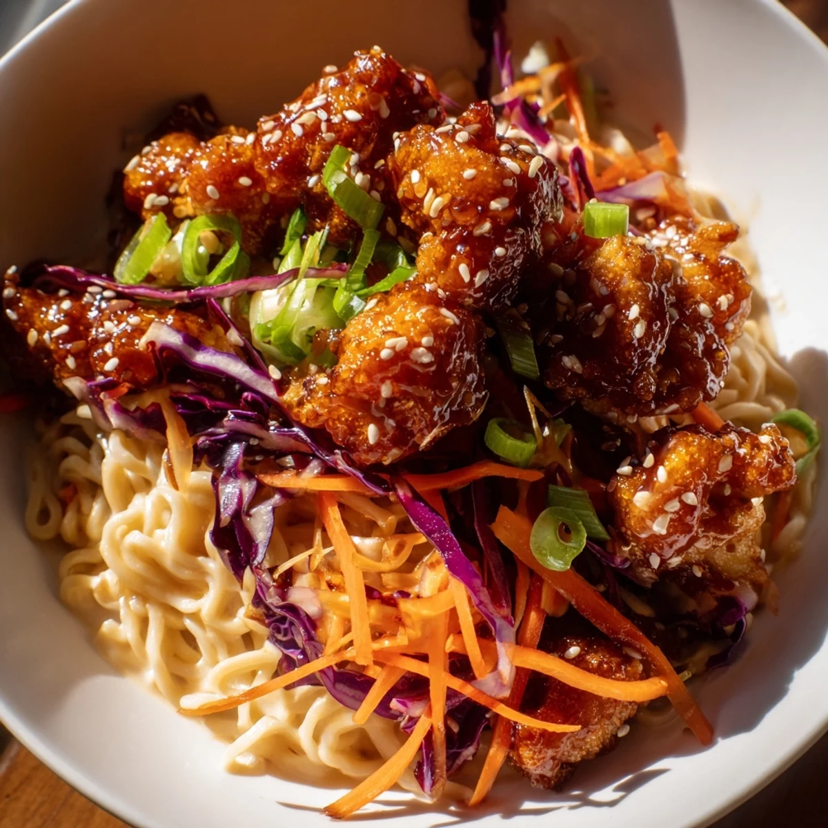 A closeup reveals golden-brown Chaos Cooking Buffalo Cauliflower Ramen, creamy broth and colorful garnishes.