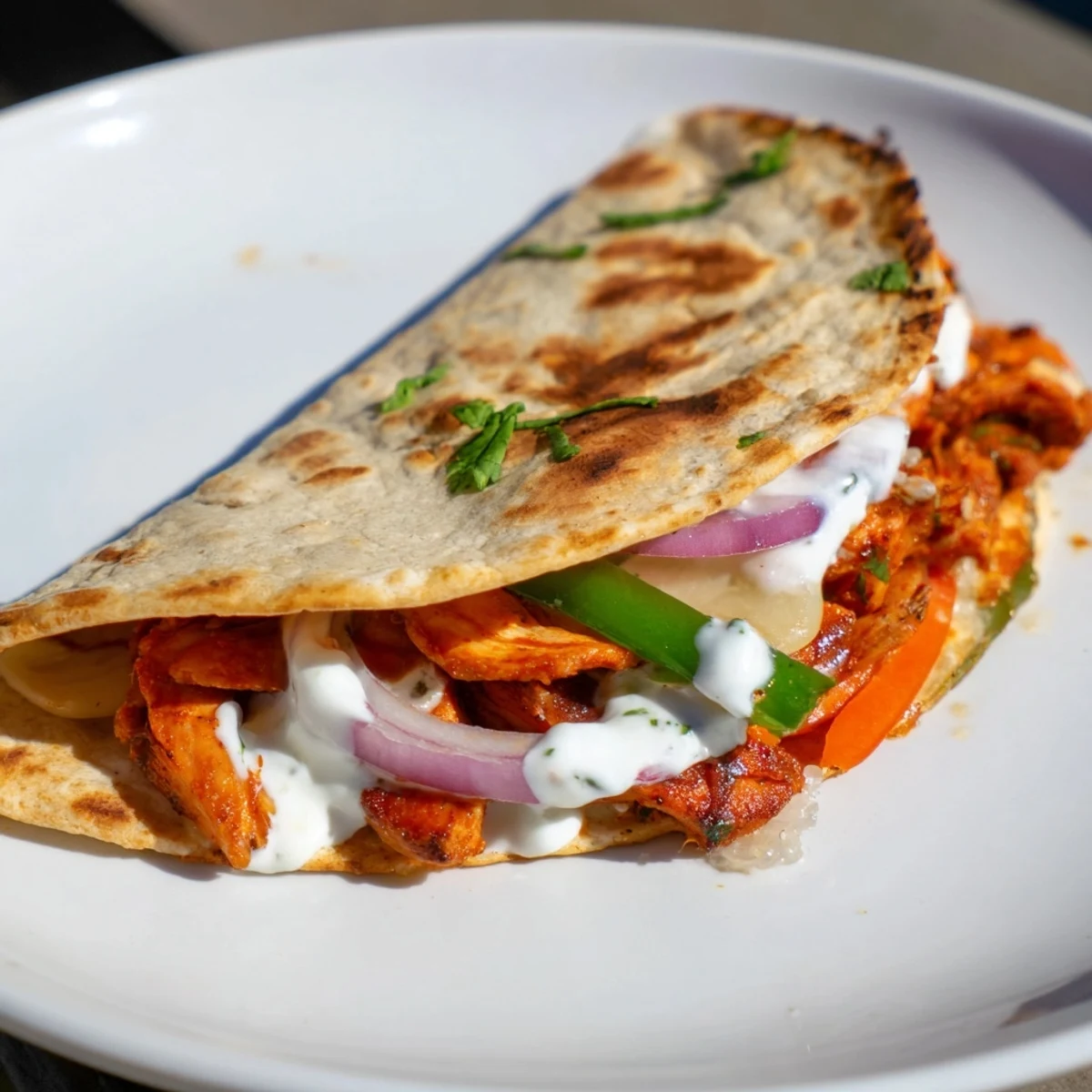 Crispy-edged Tandoori Chicken Quesadilla, offering a delightful fusion of Indian spices and melted cheese.