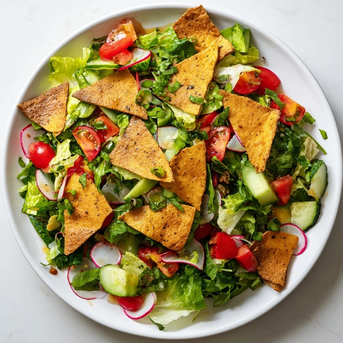 A colorful Fattoush Crunch Salad with crispy pita chips, fresh veggies and tangy sumac dressing.
